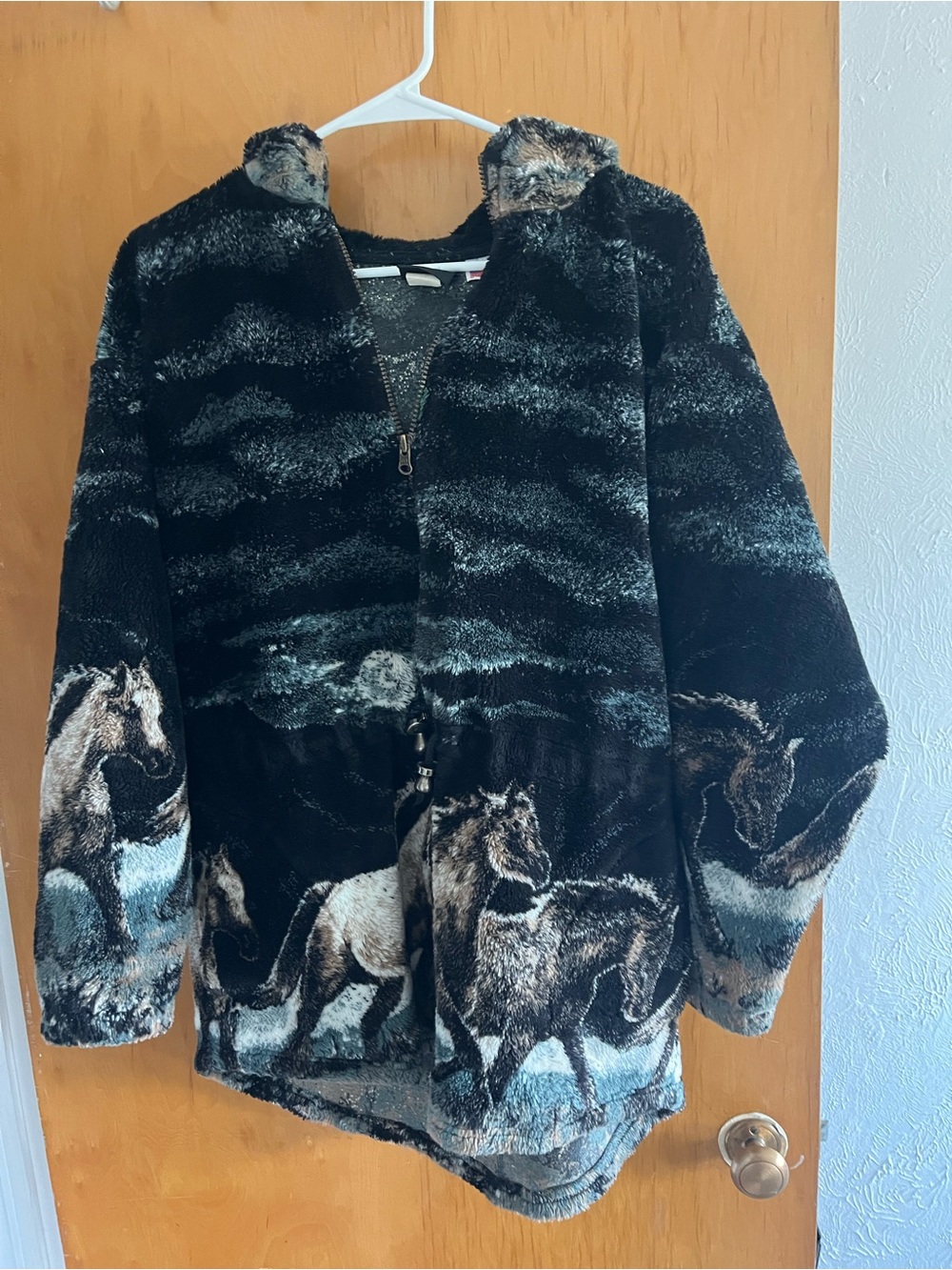 Faux Fur Horse Print Zip Jacket in Black and Brown